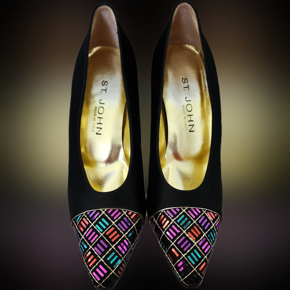 Vintage 1980s St. John High Heel Black Satin Pumps w/Sequined toe accents.